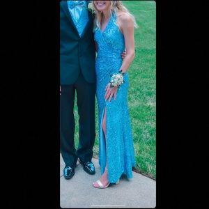 Morgan & Co. sleeveless halter-neck side slit sequin prom dress